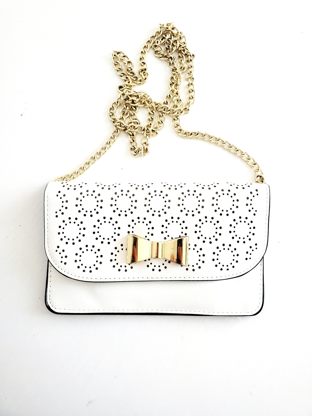 White Mini Crossbody Bag with Gold Bow and Chain